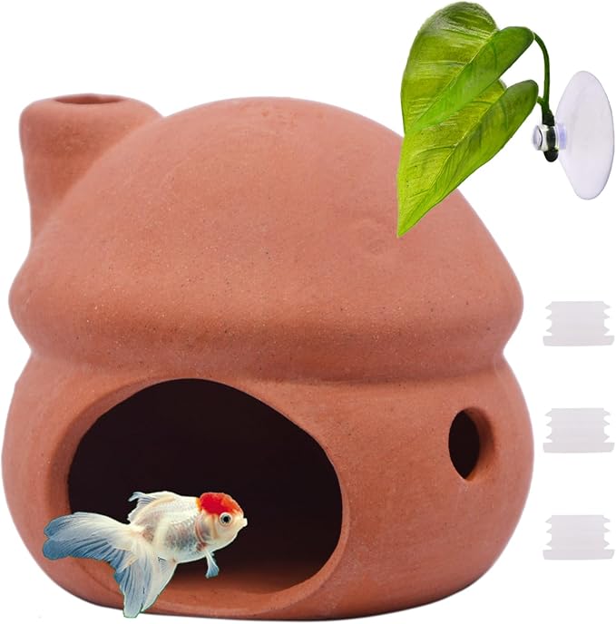 Saim Betta Fish Tank Accessories,Ceramics Mushroom House Aquarium Decorations Hideout Hideaway Spawning Cave Decor for Shrimp Betta Goldfish (No Paint + Betta Leaf Pad+Silicone Plug)