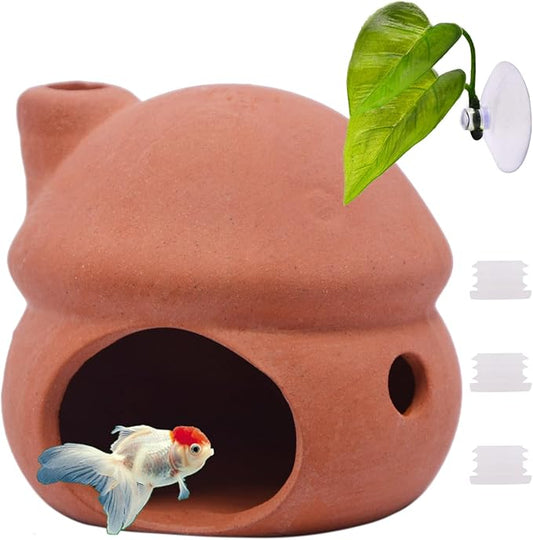 Saim Betta Fish Tank Accessories,Ceramics Mushroom House Aquarium Decorations Hideout Hideaway Spawning Cave Decor for Shrimp Betta Goldfish (No Paint + Betta Leaf Pad+Silicone Plug)