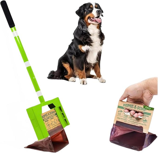 Dispoz-A-Scoop® Revolutionary 4-in-1 Dog Poop Scooper, 24" Handle & 8 Refill Bags - Fast, Easy, Clean with Disposable Bag Attachment, Just Scoop & "Pop" into trash. U.S.A, Always Stays Clean.