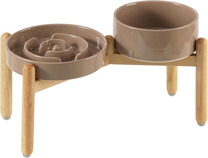 Havniva Elevated Slow Feeder Dog Bowls, Ceramic Dog Bowl Slow Feeder Set | 1.2 Cups Raised Slow Feeder Dog Bowl for Small Breed, 6.1” Dog Water Bowl with Wooden Stand, Puzzle Dog Food Bowl, Non-slip