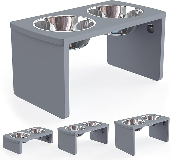 Elevated Dog Bowls, Bamboo Raised Dog Bowl for Large Dogs & Medium Dogs, with 2 Stainless Steel Bowls (10'' Tall–48 oz Bowl, Grey)