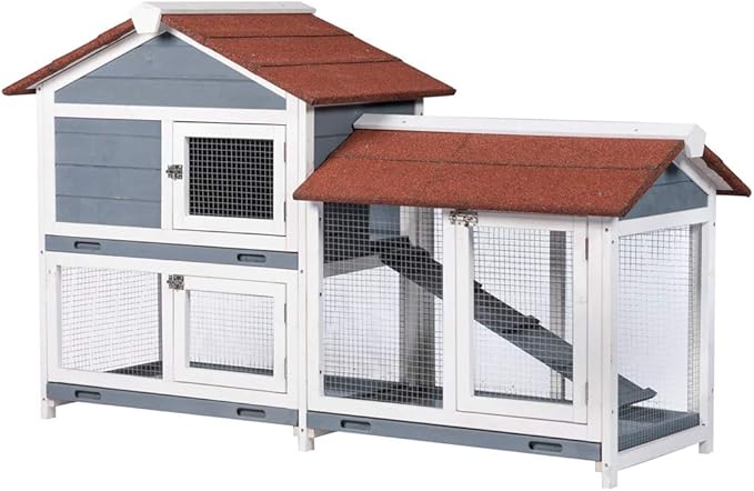 Good Life Two Floors 62" Wooden Outdoor Indoor Roof Waterproof Bunny Hutch Rabbit Cage Guinea Pig Coop PET House for Small to Medium Animals with Stairs and Cleaning Tray PET537