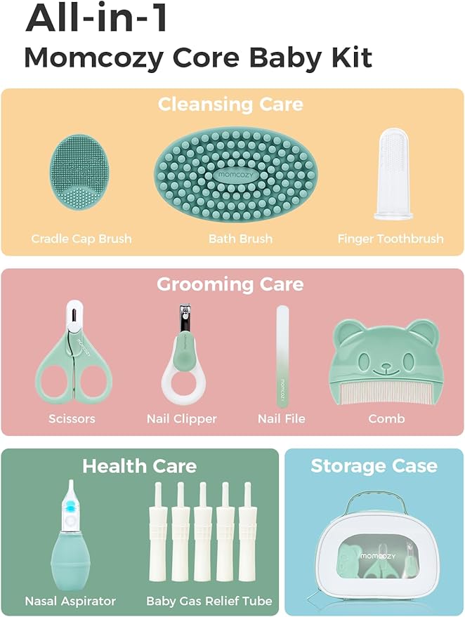 Momcozy Core Baby Kit, Basic Baby Shower Gift & Registry Essential Kit | Grooming&Health&Cleansing Care Set, Nail File Kits,Nasal Aspirator,Gas Relief Tubes,Bath Brushes,Toothbrush,Comb,Storage Case