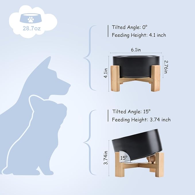 SPUNKYJUNKY 15° Slanted Ceramic Dog and Cat Bowl with Wooden Stand, Tilted Bulldog Food and Water Bowl No Slip Non-Spill for Cats Medium Dogs Big Face Pets 28.7 OZ (3.6 Cups, Black)