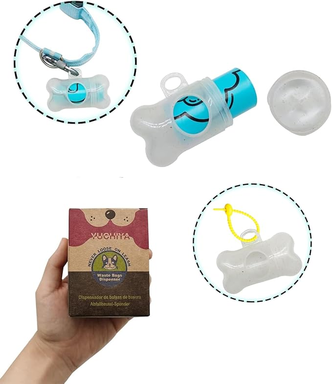 YUCHIYA Dog Poop Pickup Bags Holder Dispenser with Scented Doggy Waste Bags and Carabiner with Safety Lock Plus Hook and Loop Fastener Never Loose on Leash Lead Again (1 Holder 15 Bags, Clear)