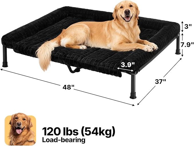Veehoo Elevated Dog Bed with Fluffy Plush Bolster Cushion, Dog Couch Bed | Cooling Raised Dog Bed for Large Dogs, Washable Orthopedic Pet Cot with Removable Mat, Breathable Mesh, Non-Slip, 48", Black