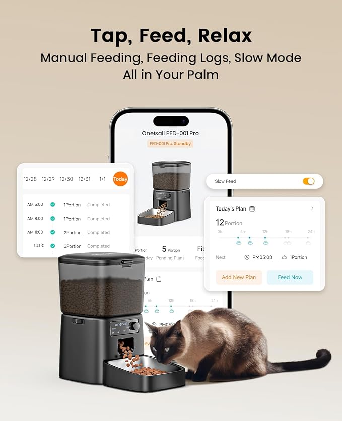 oneisall Automatic Cat Feeder, 2.4G WiFi Cat Food Dispenser with App, 12 Cups/3.5L Auto Cat Feeder for Dry Food, Timed Cat Feeder with Portion Control for Small Pets Indoor | Timed Meals, Feed Now, Feeding Logs, Slow Feed, Precise Portion, Dual Power B...
