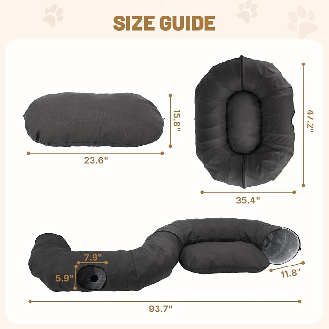 Extra Large Cat Tunnel, Cooling Natural Linen Big Tunnel for Cats 47.2in | Multi-Cat Family Long Cat Tunnel Bed with Washable Mat, Breathable & Durable Big Cat Tunnel for Cats, Dark Grey