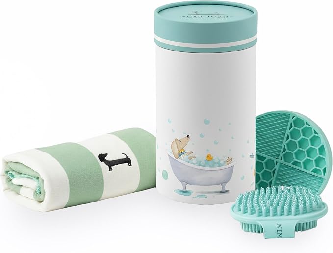 Bath Kit for Dogs & Puppies – Grooming Set with Recycled Polyester Towel, Silicone Brush & Lick Mat – Stylish At-Home Dog Bath Kit, Perfect Dog Gift