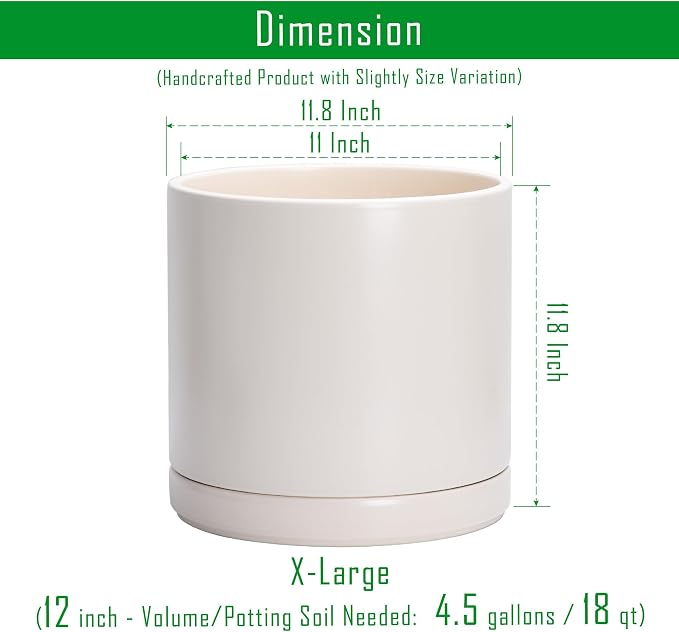 D'vine Dev 12 Inch Ceramic Planter Pot, Oatmeal, 94-O-F-8 | Modern Cylinder Design, Drainage Hole & Saucer Included, Stable Structure, Elegant Home Accent
