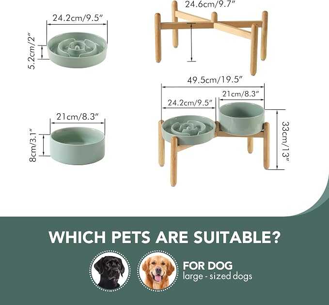 Havniva Elevated Slow Feeder Dog Bowls, Ceramic Dog Bowl Slow Feeder Set | 3.2 Cups Raised Slow Feeder Dog Bowl for Large Breed, 8.2” Dog Water Bowl with Wooden Stand, Puzzle Dog Food Bowl, Non-slip