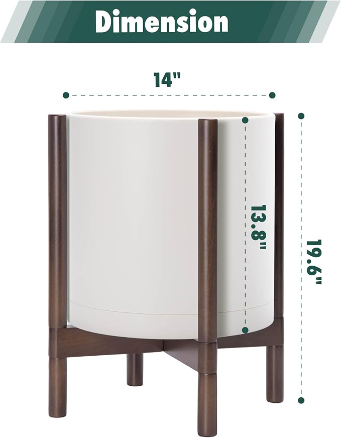 D'vine Dev Plastic Pot with Walnut Wood Stand, Oatmeal, 14 in, 55-C-R-3 | Mid-Century Inspired Design, Elevated Plant Display, Clean Lines, Sturdy Support, Modern Space-Saving Style