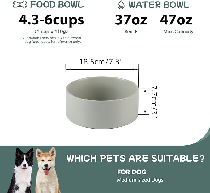 Havniva Ceramic Dog Bowls, 7.3” Dog Food and Water Bowl, Pet Feeding Bowl | Dog Food Bowl for Medium Dogs, Food-Grade Ceramic, Dog Water Bowl with Non-Slip Rubber Base, Large Capacity, Dishwasher Safe