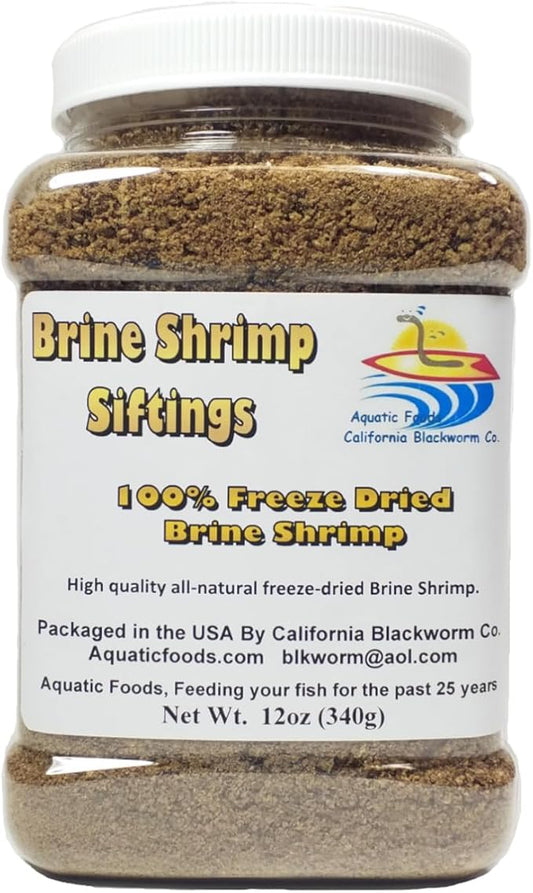 Aquatic Foods Inc. Freeze Dried Brine Shrimp Siftings & Powder, 100% Shrimp for Fry and Baby Tropical Fish Feedings and DYI Fish Food Makers - Large Jar 12oz