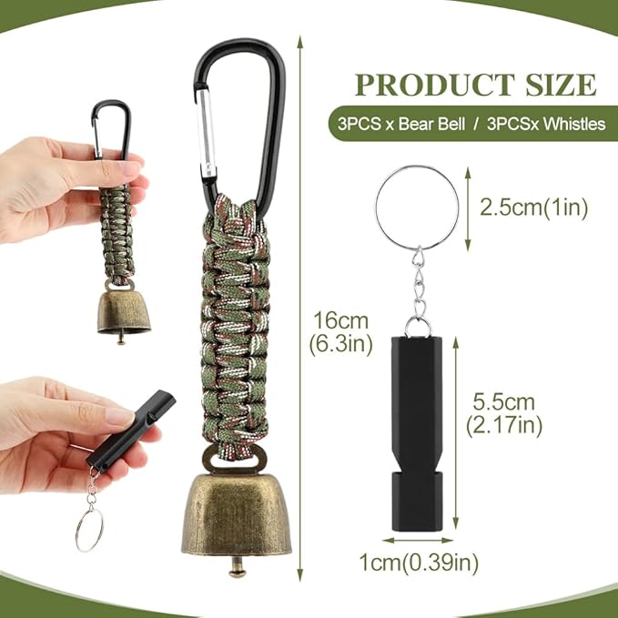 3pcs Bear Bell with 3pcs Whistle Aluminum Bear Bells for Hiking and Emergency Whistle for Hiking, Biking, Fishing, Climbing, Outdoor Camping and Hiking Protection(Size:6 PCS)