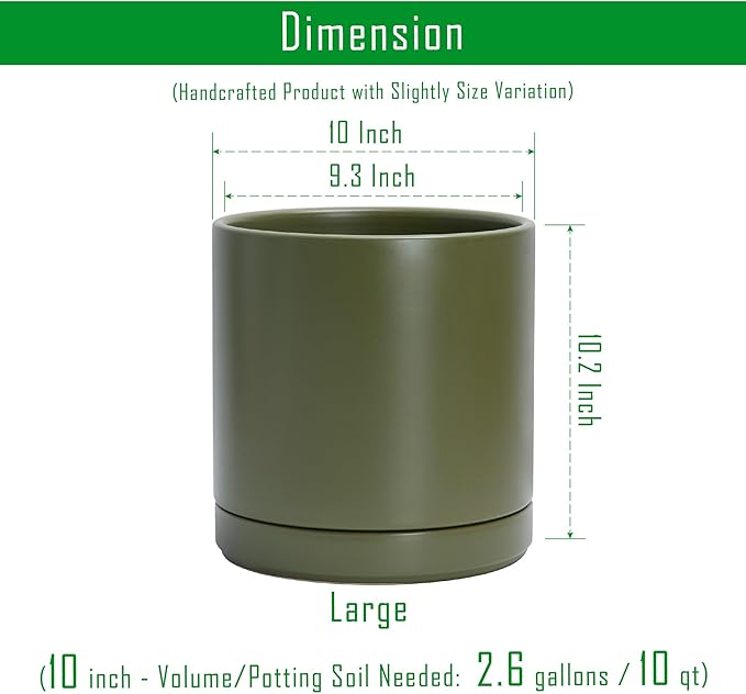 D'vine Dev 10 Inch Ceramic Planter Pot, Olive, 94-O-E-J | Modern Cylinder Design, Drainage Hole & Saucer Included, Stable Structure, Elegant Home Accent
