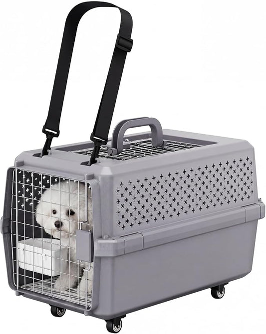 RIZZARI Large Pet Carrier with Wheels, Hard-Sided Rolling Dog and Cat Carrier Up to 25 Lbs, Top Access Travel Crate with Pull Strap, Metal Wire Door, Elevated Floor, Feeding Bowl and Ventilated Design