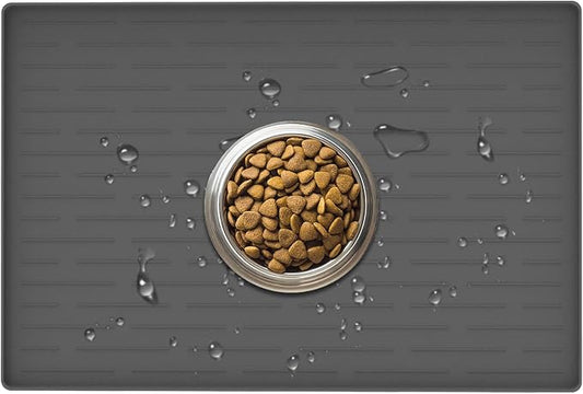 24" x 16" Dog Food Mat, Silicone Pet Mats for Food and Water, Nonslip Pet Feeding Mats for Floors, Dog Cat Bowl Mat with Raised Edges, Dark Gray
