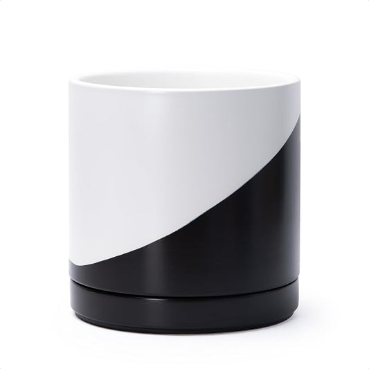 D'vine Dev 8.2 Inch Ceramic Planter Pot, Black White Diagonal, 94-O-D-K | Modern Cylinder Design, Drainage Hole & Saucer Included, Stable Structure, Elegant Home Accent