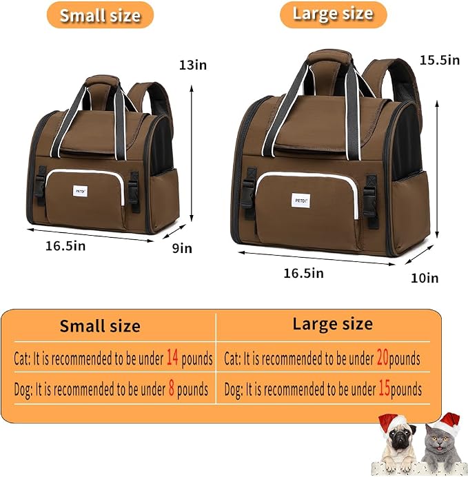 Pet Backpack Carrier for Small Dogs Medium Cats, Puppies,Breathable and Collapsible Design, Portable Travel Bag for Bearded Dragon,Rabbit Cage (Dark Brown, Large)