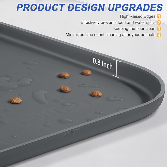 SMILOOL Silicone Pet Feeding Mat with Raised Edge for Food and Water, Dog Bowl Mats, Cat Bowls Placemat with High Lip for Floor Waterproof, Rubber Tray for Cats and Dogs 24 x 16 x 0.8 Dark Grey | 24" x 16" Non-Slip Pet Feeding Mats with Lip for Food & ...