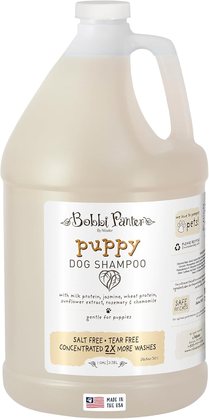 Bobbi Panter Puppy Dog Shampoo Milk Protein, Jasmine, Sunflower & Chamomile – Gentle Nourishing Formula for Puppies & Sensitive Skin, Tear-Free, 30:1 Concentrate, Made in USA, 1 Gallon