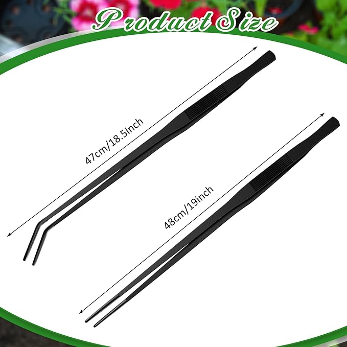 Lasnten 2 Pcs Extra Long Stainless Steel Reptile Feeding Tongs with Rubber Tip 18.5 Inch, 18.9 Inch Bearded Dragon Aquarium Straight and Curved Long Tweezer Terrarium Feeder Tool for Tank(Black)