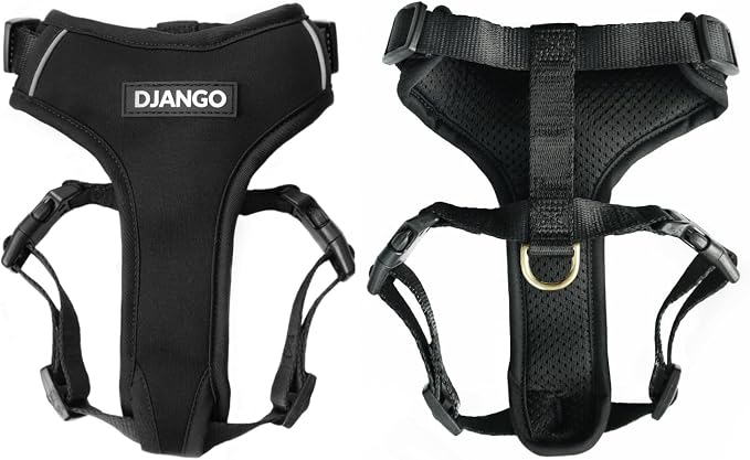 Adventure Dog Harness - Stylish and Comfortable Small Dog Harness for Outdoor Adventures and Everyday Wear - Black Neoprene Adjustable Harness for Dogs with Reflective Piping and Brass D-Ring