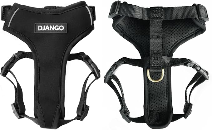 Adventure Dog Harness - Stylish and Comfortable Medium Dog Harness for Outdoor Adventures and Everyday Wear - Black Neoprene Adjustable Harness for Dogs with Reflective Piping and Brass D-Ring