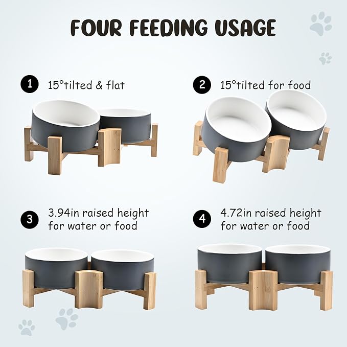 SPUNKYJUNKY 15° Slanted Ceramic Dog and Cat Bowl with Wooden Stand, Tilted Bulldog Food and Water Bowl No Slip Non-Spill for Cats Medium Dogs Big Face Pets 28.7 OZ (3.6 Cups, White-Grey × 2)