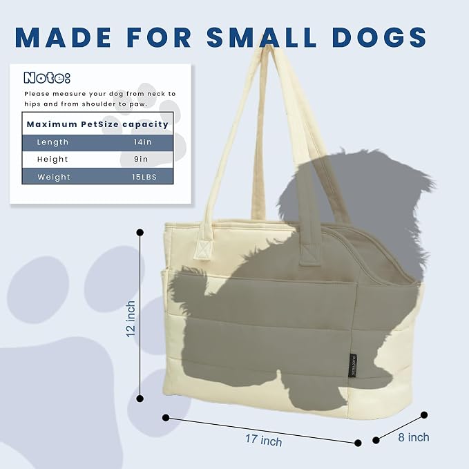 Lightweight Puffy Dog Purse Carrier for Small Dogs, Beige | Quilted Pet Carrier Tote with Safety Leash Clip, Storage Pockets and Removable Base, for Pets Up to 15 lbs, Beige