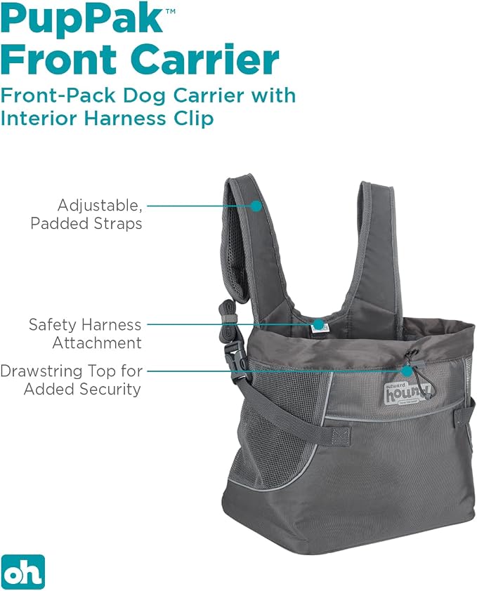 Outward Hound PupPak Dog Front Carrier, Grey, Medium, 12.5" x 9" x 14" | Hands-Free Pet Backpack, Water-Resistant, Breathable Mesh, Safety Clip, Hiking & Camping, Small Dogs up to 20 lbs