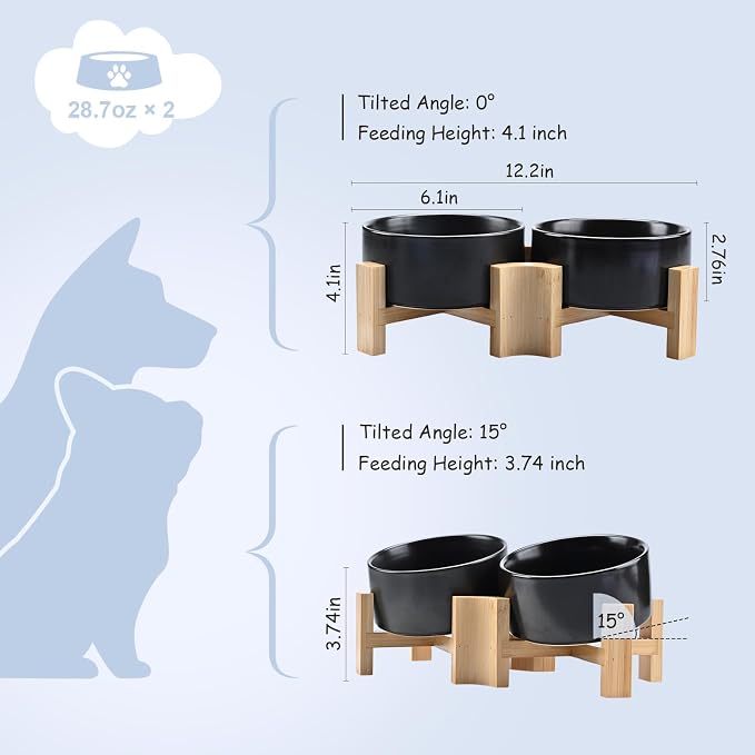 SPUNKYJUNKY 15° Slanted Ceramic Dog and Cat Bowl with Wooden Stand, Tilted Bulldog Food and Water Bowl No Slip Non-Spill for Cats Medium Dogs Big Face Pets 28.7 OZ (3.6 Cups, Black × 2)