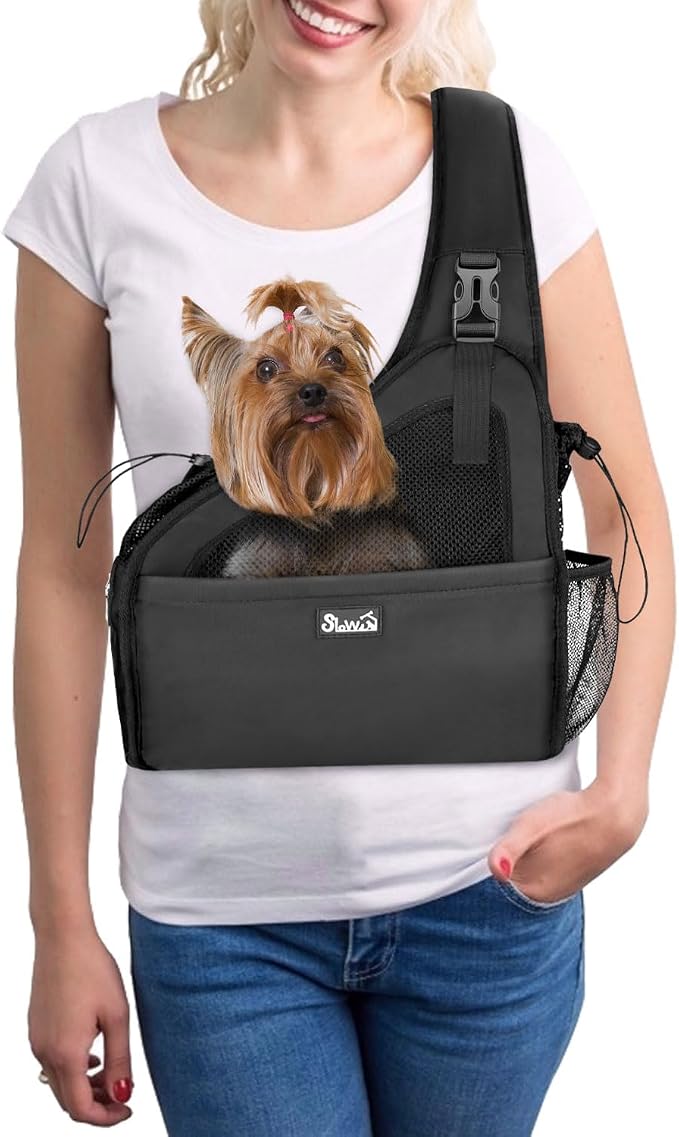 SlowTon Dog Sling Carrier, Hands Free Hard Bottom for Small Dogs up to 6 lb | Breathable Mesh Support, Adjustable Padded Strap, with Pocket Safety Belt, Machine Washable, for Short Legs Small Animal