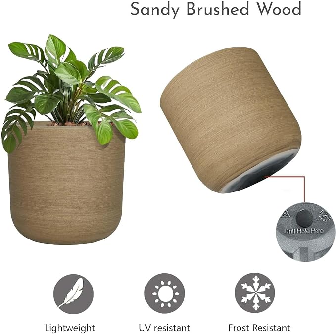 11 Inch Faux Wood Planter, Sandy Brushed Plastic Plant Pot with Drain Hole & Stopper, Lightweight Rustic Flower Pot for Indoor Outdoor, UV & Frost Resistant, Natural Wood Look