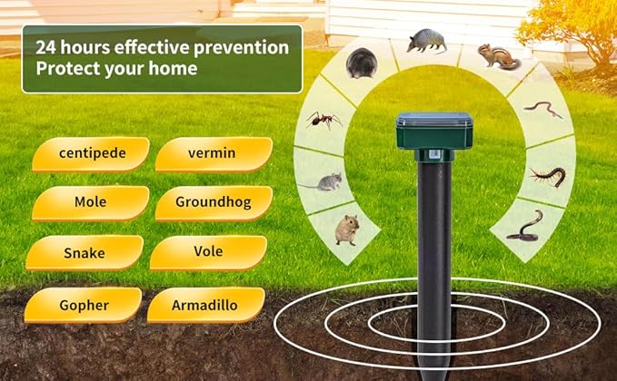 8PK New Green Mole Repellent for lawns Gopher Repellent Ultrasonic Solar Powered Snake Repellent Deterrent Mole Repeller Vole Repellent Outdoor Lawns Garden Yard All Pests Sonic Spikes Stakes Chaser
