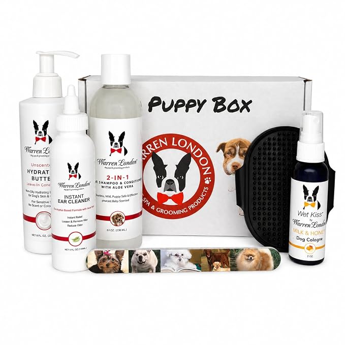 Warren London Puppy Gift Box - Complete Puppy Care Set - Includes Hydrating Butter, 2-in-1 Shampoo, Cologne, Grooming Bath Brush, Ear Cleaner and Nail File for New Pet Owners