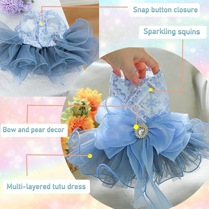 ANIAC Blue Cat Wedding Dress and Bow Dog Wedding Outfit Formal Puppy Clothes for Girl Small Dog Luxury Pet Party Dress for Kitten Chihuahua Yorkie Pomeranian (Blue-2, Medium)