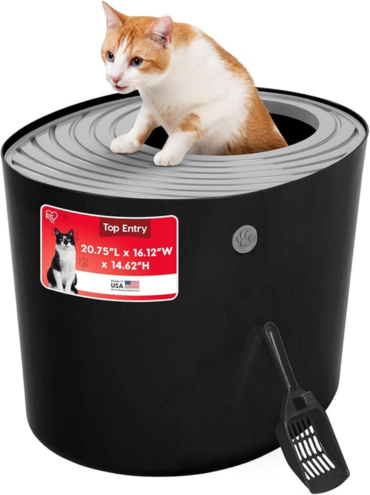IRIS USA Cat Litter Box Large Top Entry with Lid Enclosed Covered Hooded Design Litter Catching Scatter Shield Pan Dog Proof Pet Proof Scoop Included Odor Control for Indoor Cats Kittens, Black/Gray