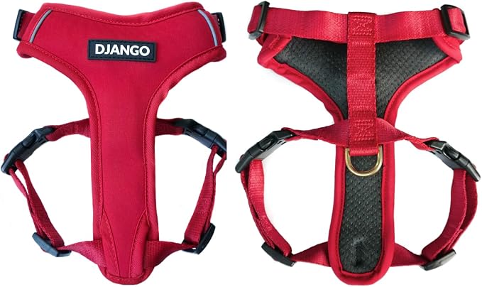 Adventure Dog Harness - Stylish and Durable Large Dog Harness for Outdoor Adventures and Everyday Wear - Red Neoprene Adjustable Harness for Dogs with Reflective Piping, Solid Brass D-Ring