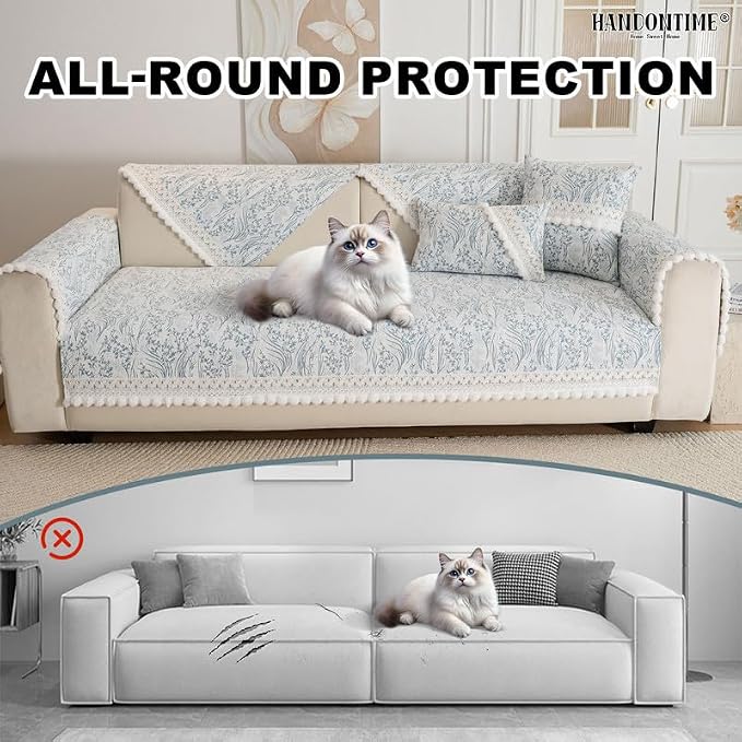 HANDONTIME Floral Chenille Sofa Cover, White Plush Fringed Dog Couch Cover, Jacquard Dog Mat for Couch Sofa, Washable & Anti-Slip Pet-Friendly Furniture Protector for Sectionals (Blue,35.4" x 63")