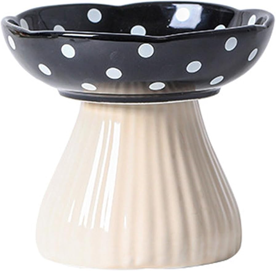 Mushroom Elevated Cat Bowls Ceramic, Cute Cat Bowls Whisker Fatigue | Raised Cat Bowl for Indoor Cats, Raised Dog Bowls Stand for Food and Water, Black 6" Wide for Adult Cats