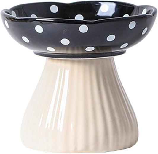 Mushroom Elevated Cat Bowls Ceramic, Cute Cat Bowls Whisker Fatigue | Raised Cat Bowl for Indoor Cats, Raised Dog Bowls Stand for Food and Water, Black 6" Wide for Adult Cats