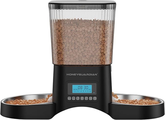HoneyGuardian Automatic Cat Feeder for 2 Cats, Automatic Cat Food Dispenser, Timed Pet Feeder for Cats and Dogs, Desiccant Bag, Programmable Portion Control,10s Voice Recorder