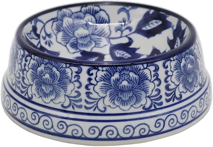 Aimusego Blue and White Flower Pattern Ceramic Dog Food Dish for Small Medium Dogs and Cat,Heavy Non-Slip Porcelain Pet Bowl for Food and Water -6.7inch