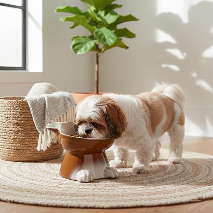 Nihow Elevated Ceramic Dog Bowls: 6.5 Inch Raised Dog Bowl for Food & Water | Food Safe Bowl for Medium/Small Size Dogs - Brown Puppy Bowls for Protecting Pet's Spine(1 PC)