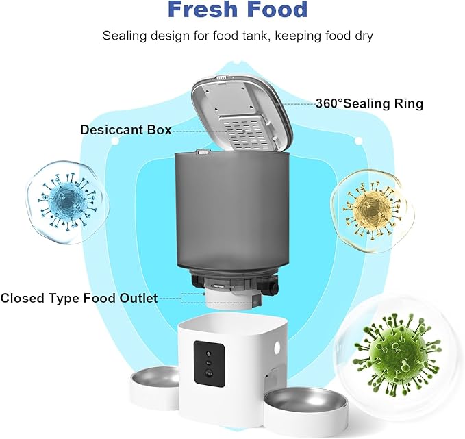 2.4G/5G Automatic Cat Feeder, 6L WiFi Cat Food Dispenser with 10s Voice Recorder, Double Bowl Pet Feeder up to 10 Meals per Day, Timed Feeder with Dry Food Sealed Ring (White)