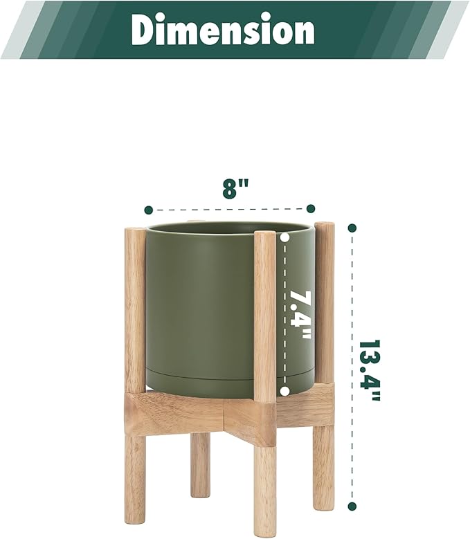 D'vine Dev Plastic Pot with Natural Wood Stand, Olive, 8 in, 55-C-J-3 | Mid-Century Inspired Design, Elevated Plant Display, Clean Lines, Sturdy Support, Modern Space-Saving Style