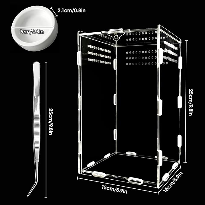 Jumping Spider Enclosure, Acrylic Terrarium with Magnetic Door & All-Side Ventilation, Easy-Clean Habitat for Spider, Tarantula, Mantis, Snail(Tweezer and Bowl Included)