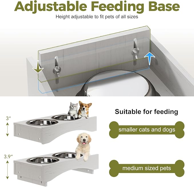 Black 38.4" H Dog Feeding Station with Storage | Pet Food Storage Cabinet with 2 Elevated Bowls,Hooks,Hidden Dog Feeding Organizer for Cats and Dogs